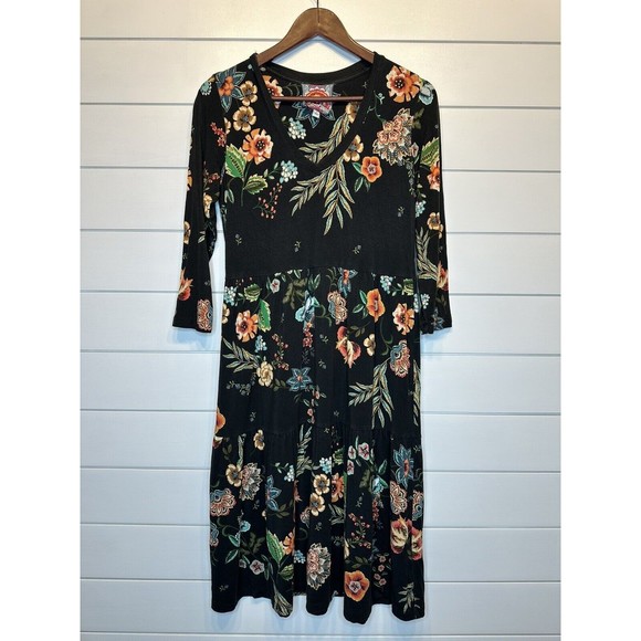 Johnny Was Bamboo Dress Small Ardell 3/4 Sleeve Tiered Knee Length Black Floral - Picture 2 of 10